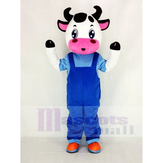 Süße Kuh Maskottchen Kostüm in blauen Overalls