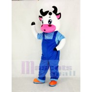 Cute Cow Mascot Costume in Blue Overalls