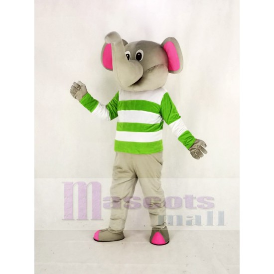 Éléphant gris Costume de mascotte avec des vêtements verts et blancs