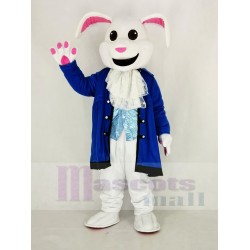 Blanc de Pâques Lapin Costume de mascotte avec manteau bleu d'Alice au pays des merveilles