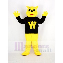 Gelbe Wildkatze Maskottchen Kostüm im schwarzen T-Shirt