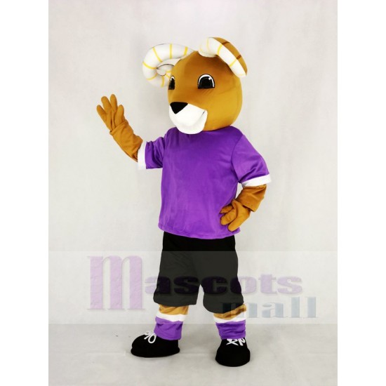 Brown Ram Mascot Costume in Purple T-shirt