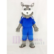 Power Grau Husky Hund Maskottchen Kostüm in blauer Kleidung