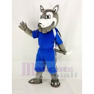 Power Grau Husky Hund Maskottchen Kostüm in blauer Kleidung