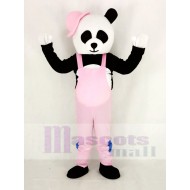 Panda Maskottchen Kostüm mit rosa Overall und Hut