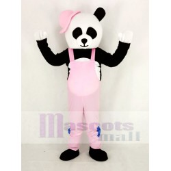 Panda Mascot Costume with Pink Overalls and Hat