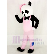 Panda Mascot Costume with Pink Overalls and Hat