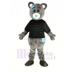 Gray Teddy Bear Mascot Costume Cartoon Male with Black Clothes
