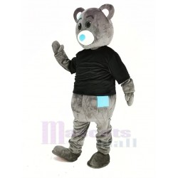 Osito de peluche gris Disfraz de mascota Dibujos animados Masculino con ropa negra