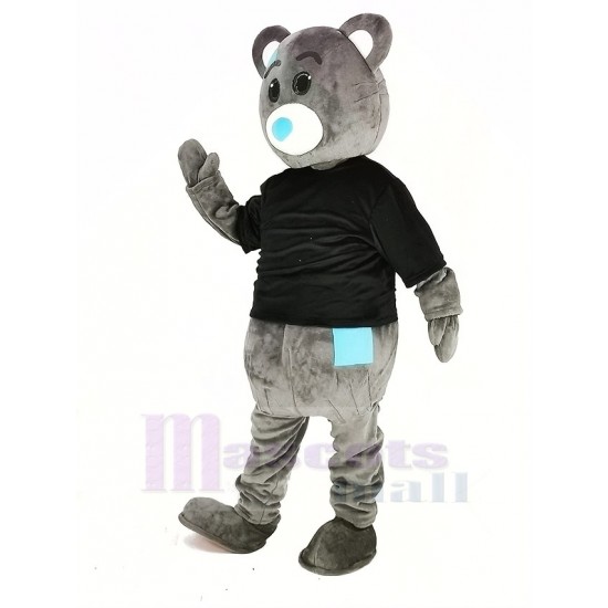 Ours en peluche gris Costume de mascotte Dessin animé Homme avec des vêtements noirs