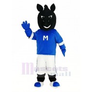 Schwarzes Pferd Maskottchen Kostüm im blauen Trikot Tier