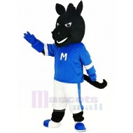 Cheval noir Costume de mascotte en maillot bleu Animal