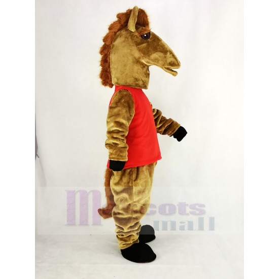 Cheval Mustang Brun Costume de mascotte avec gilet rouge