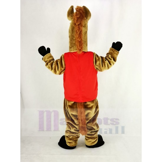 Caballo mustang marrón Disfraz de mascota con chaleco rojo