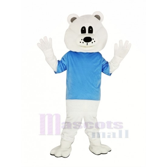 Süßer weißer Bär Maskottchen Kostüm mit blauem T-Shirt