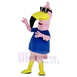 Pink Flamingo Bird with Sunglasses Mascot Costume in Blue T-shirt