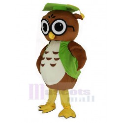 Brown Owl Mascot Costume with Green Graduation Cap