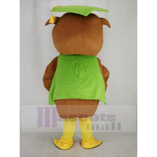 Búho marrón Traje de la mascota con gorro de graduación verde