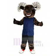 Dark Brown Sport Ram Mascot Costume in Blue Vest Animal