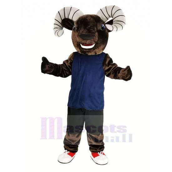 Carnero deportivo marrón oscuro Traje de la mascota en chaleco azul Animal