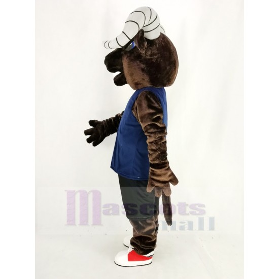 Dark Brown Sport Ram Mascot Costume in Blue Vest Animal