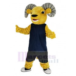 Light Brown Sport Ram Mascot Costume in Blue Vest Animal