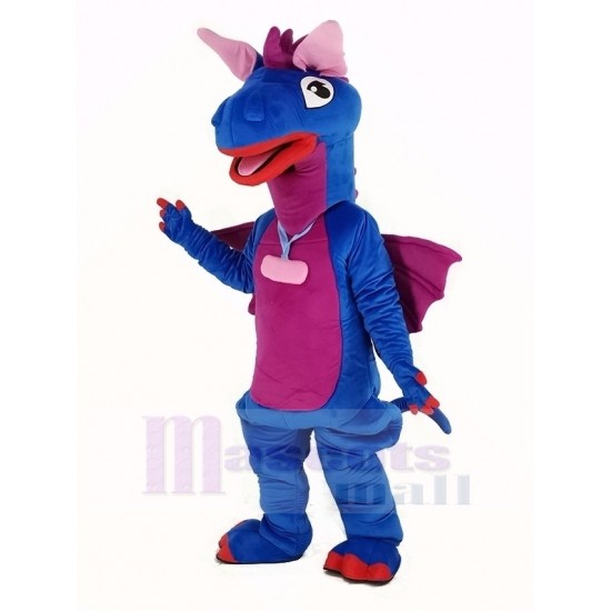 Dragon bleu Costume de mascotte aux ailes violettes Animal