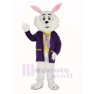 White Easter Bunny Rabbit Mascot Costume in Purple Coat