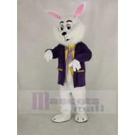 White Easter Bunny Rabbit Mascot Costume in Purple Coat