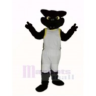 Cooler schwarzer Panther Maskottchen Kostüm mit weißer Sportkleidung Tier