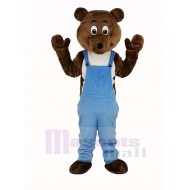 Dark Brown Bear Mascot Costume in Blue Overalls Animal