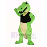 Power Green Crocodile Mascot Costume in Black Vest Animal
