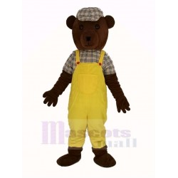 Teddybär Maskottchen Kostüm in gelben Overalls Karikatur