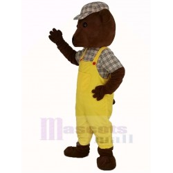 Teddybär Maskottchen Kostüm in gelben Overalls Karikatur