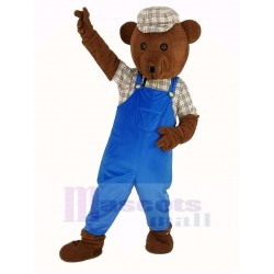 Teddy Bear Mascot Costume in Blue Overalls Cartoon