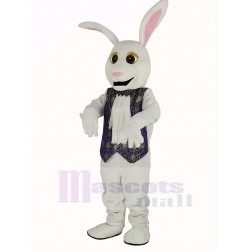 White Easter Bunny Rabbit Mascot Costume in Blue Vest