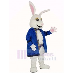 blanco Conejito de pascua Traje de la mascota en abrigo azul