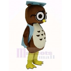 Brown Doctor Owl Mascot Costume in Blue Vest Animal