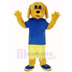 Goldener Hund Maskottchen Kostüm im blauen T-Shirt Tier