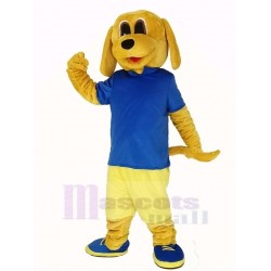 Goldener Hund Maskottchen Kostüm im blauen T-Shirt Tier