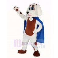 White Dog Brown Belly Mascot Costume in Blue Cape Animal