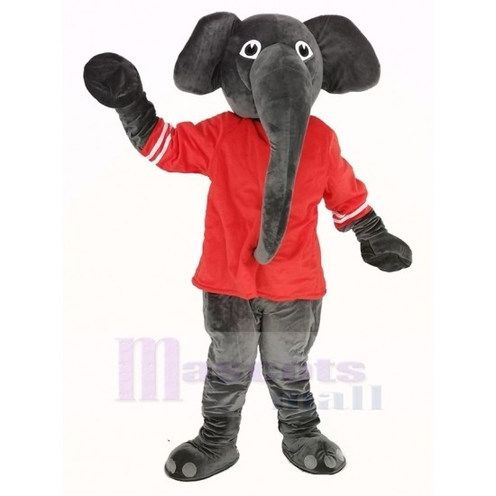 Grauer Elefant Maskottchen Kostüm mit rotes T-Shirt Tier