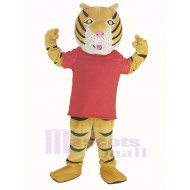 Happy Tiger Mascot Costume in Red T-shirt Animal