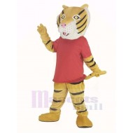 Glücklicher Tiger Maskottchen Kostüm im roten T-Shirt Tier