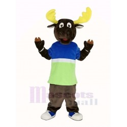 Brown Moose Mascot Costume in Blue and Green T-shirt