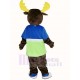 Brown Moose Mascot Costume in Blue and Green T-shirt