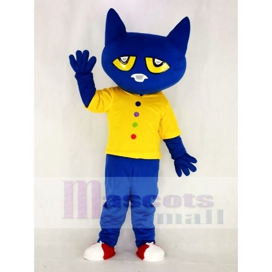 Lustiges Blau Pete Katze Maskottchen Kostüm mit gelber Weste