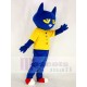 Azul gracioso Pete Gato Traje de la mascota con chaleco amarillo