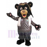 Black Pilot Bear Mascot Costume in Brown Jacket Animal