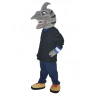 Grey Shark in Black Shirt Mascot Costume